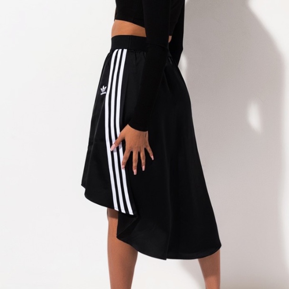 Adidas black satin high low white striped skirt